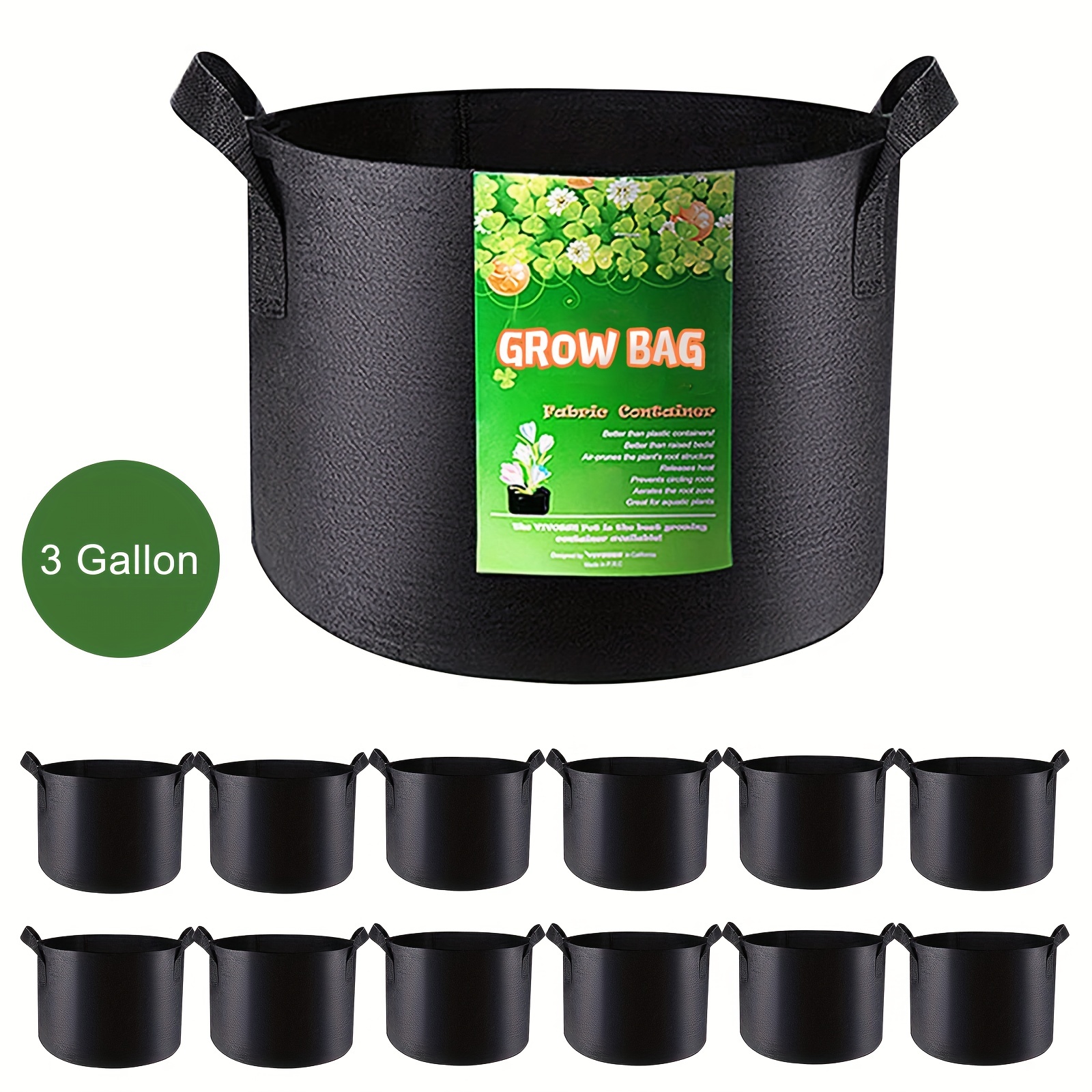 VIVOSUN 3 Gallon Grow Bags 5-Pack Black Thickened Nonwoven Fabric Pots with  Handles