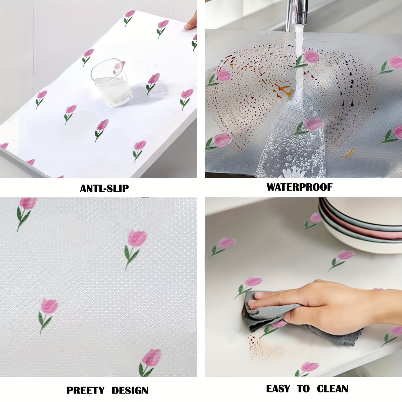 1pc Shelf Liners, Tulip Shelf Liner For Kitchen Cabinets, Non-Adhesive Drawer Liner, Non-Slip Refrigerator Liner, Waterproof Fridge Pad, Cupboard Mat, Easy Placemats, 44.96cmX 149.86cm, Kitchen Supplies