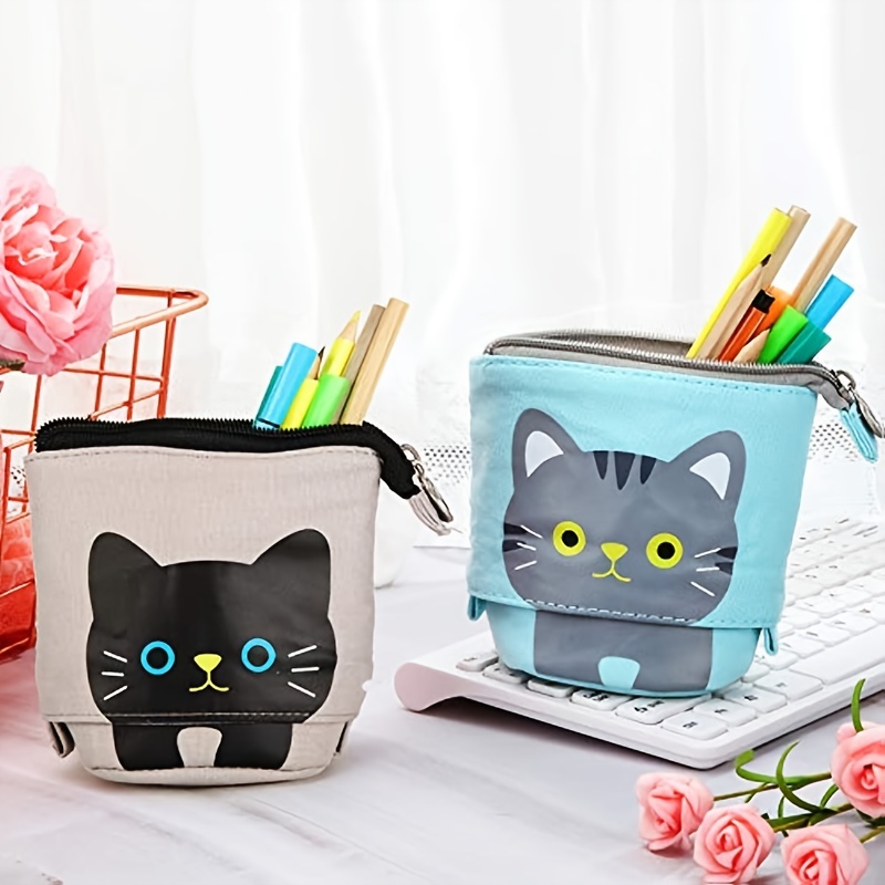Rolin Roly Standing Pencil Case Telescopic Pencil Pouch Cute Cat Stationery  Bags Stand Up Pen Case Canvas PU Cartoon Pencil Holder with Zipper