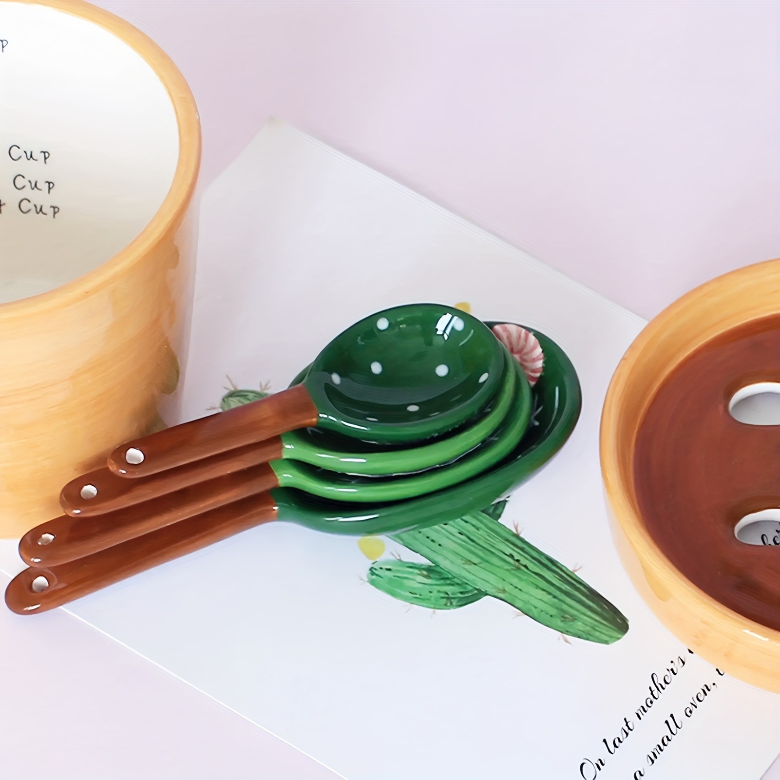 4Pcs Cactus Measuring Spoon With Cup Ceramic Spoons With Rack