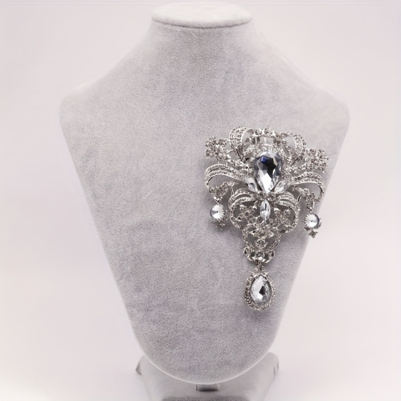 1pc Elegant White Crystal Water Drop Flower Brooch Pin - Women's Luxury Party Jewelry Gift