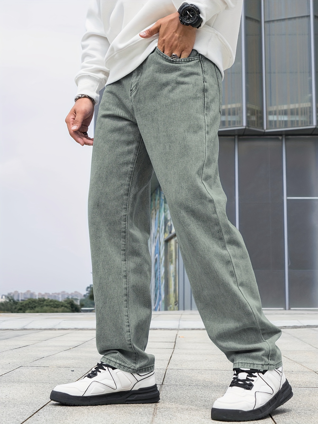 Loose Fit Wide Leg Jeans Men's Casual Distressed Denim Pants - Temu