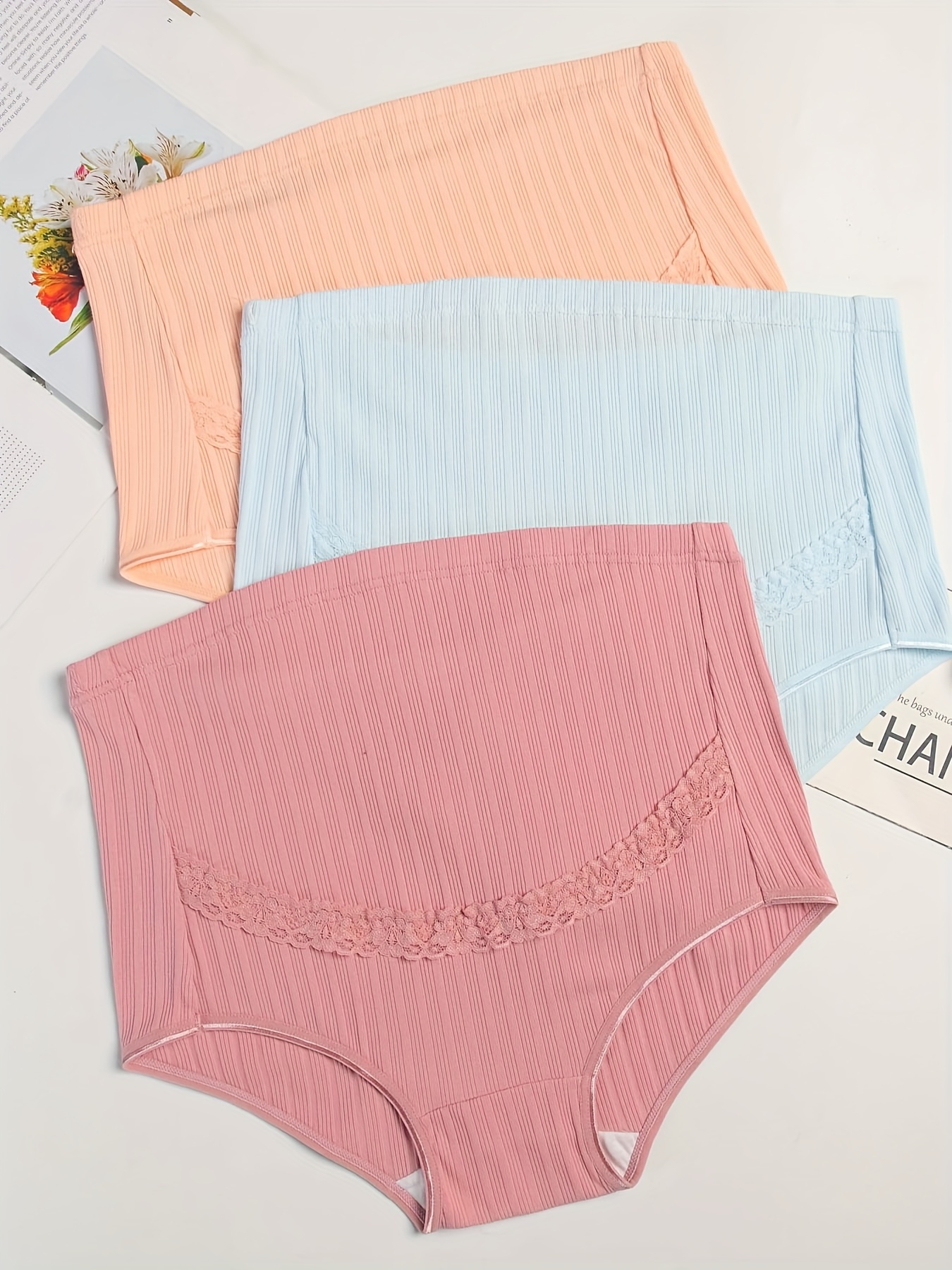 4pcs Lace Cotton Maternity Panties, High Waist Design