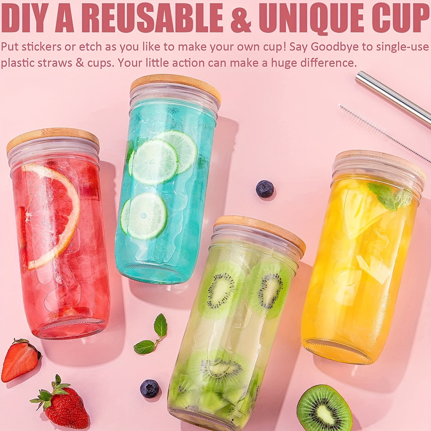 Youeon 4 Pack 24 Oz Reusable Boba Cups with Lids and Straw, Iced Coffee  Cups Glass Smoothie Cups, Bu…See more Youeon 4 Pack 24 Oz Reusable Boba  Cups