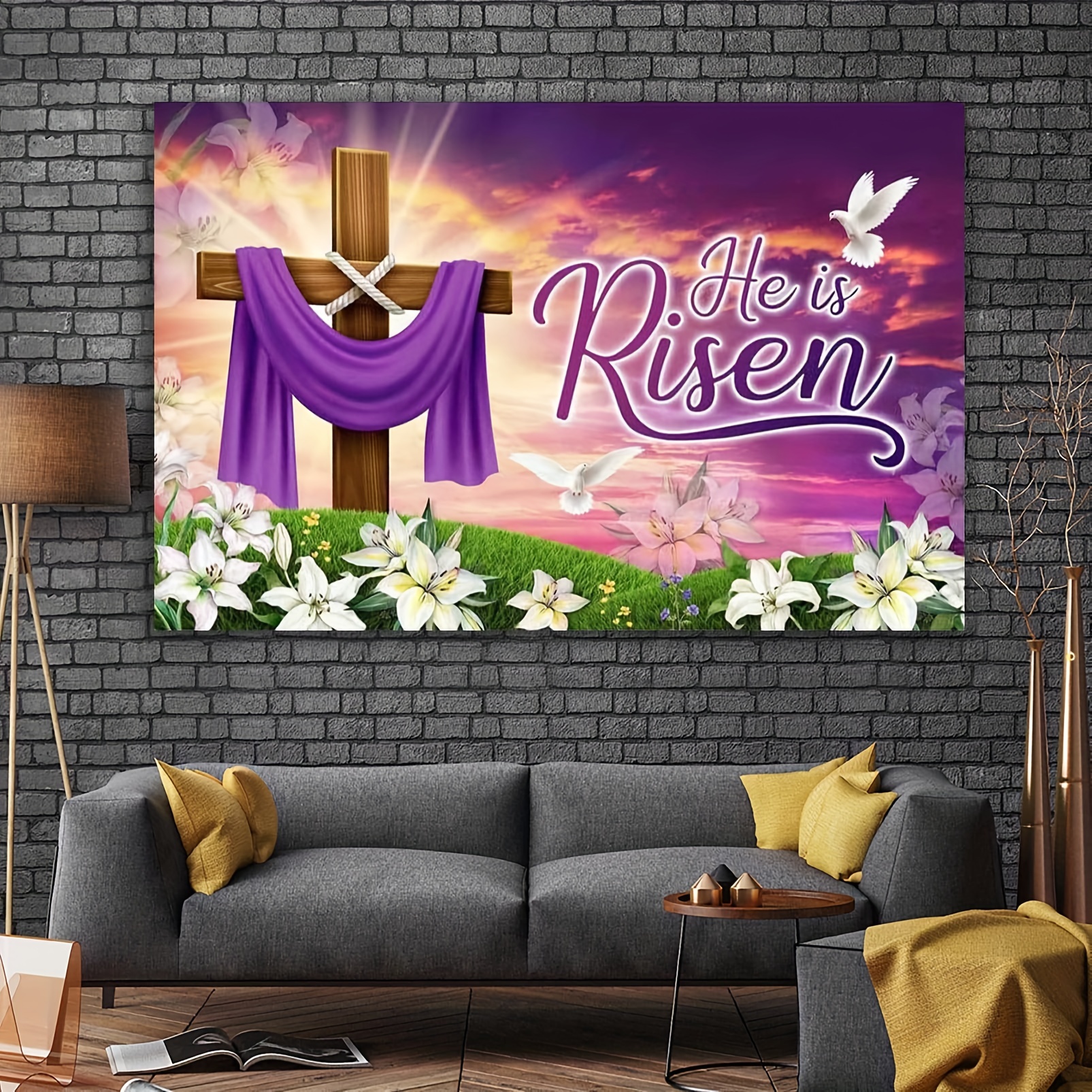 1pc, Fabric He Is Risen Easter Backdrop Spring Christian Cross Lily Jesus  Photography Background Religious Party Decorations Photo Banner Booth Props