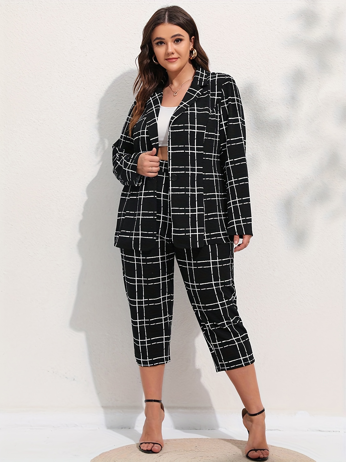 Plus Size Elegant Suit Set, Women's Plus Grid Print Long Sleeve Suit Coat &  Pants Suit Two Piece Set