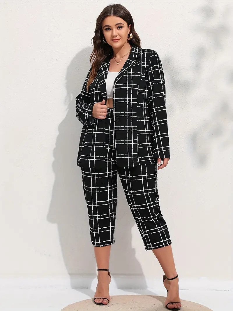 Plus Size Elegant Suit Set, Women's Plus Grid Print Long Sleeve Suit Coat &  Pants Suit Two Piece Set