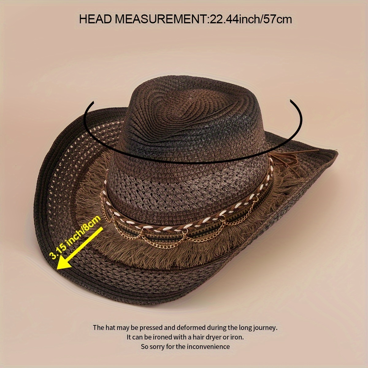 Hevirgo Cowboy Hat Classic Vintage Hollow Out unisex Curled Edge Wide Brim Men Sun Hat Fishing Hat Beige Straw, Women's, Size: One Size