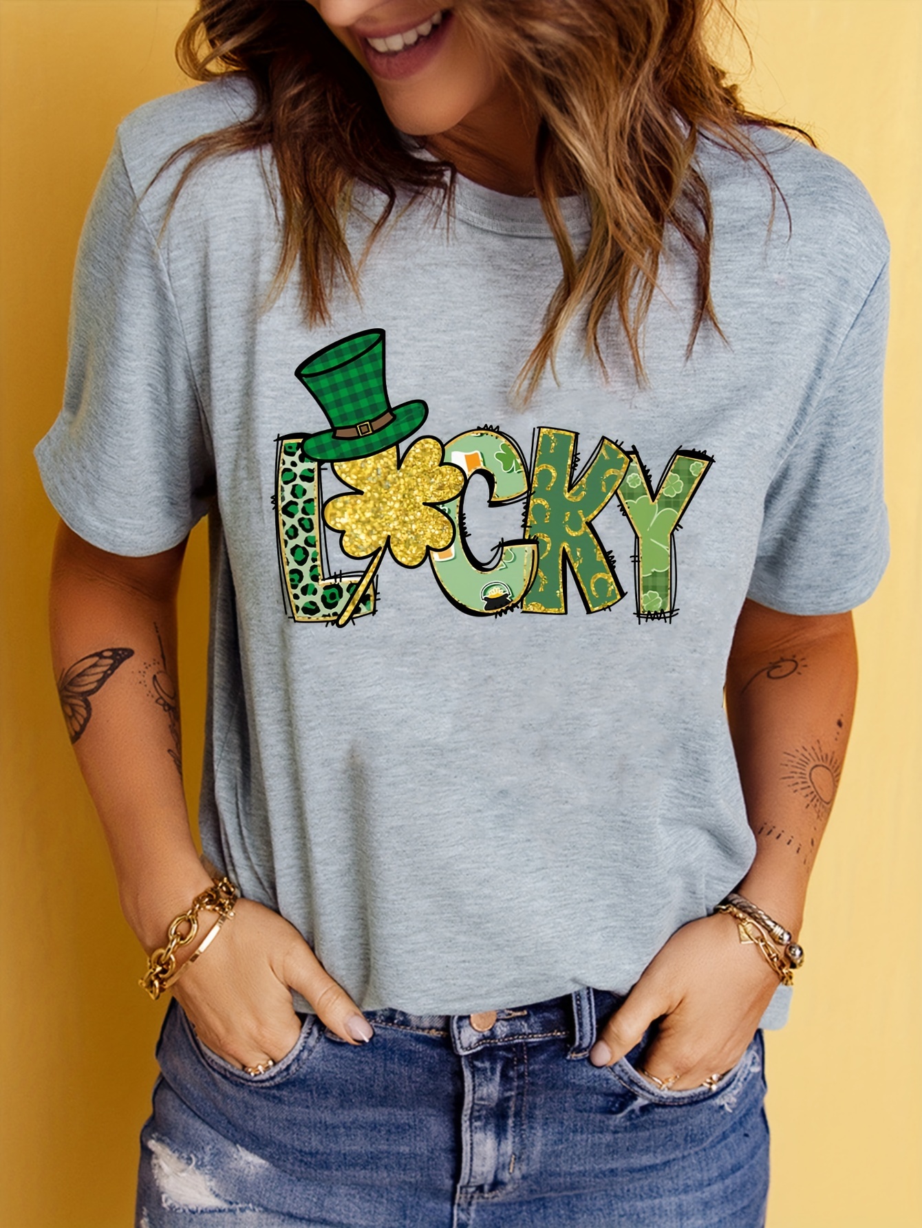 St, Patrick's Day Lucky Print T-shirt, Short Sleeve Crew Neck Casual Top  For Summer & Spring, Women's Clothing