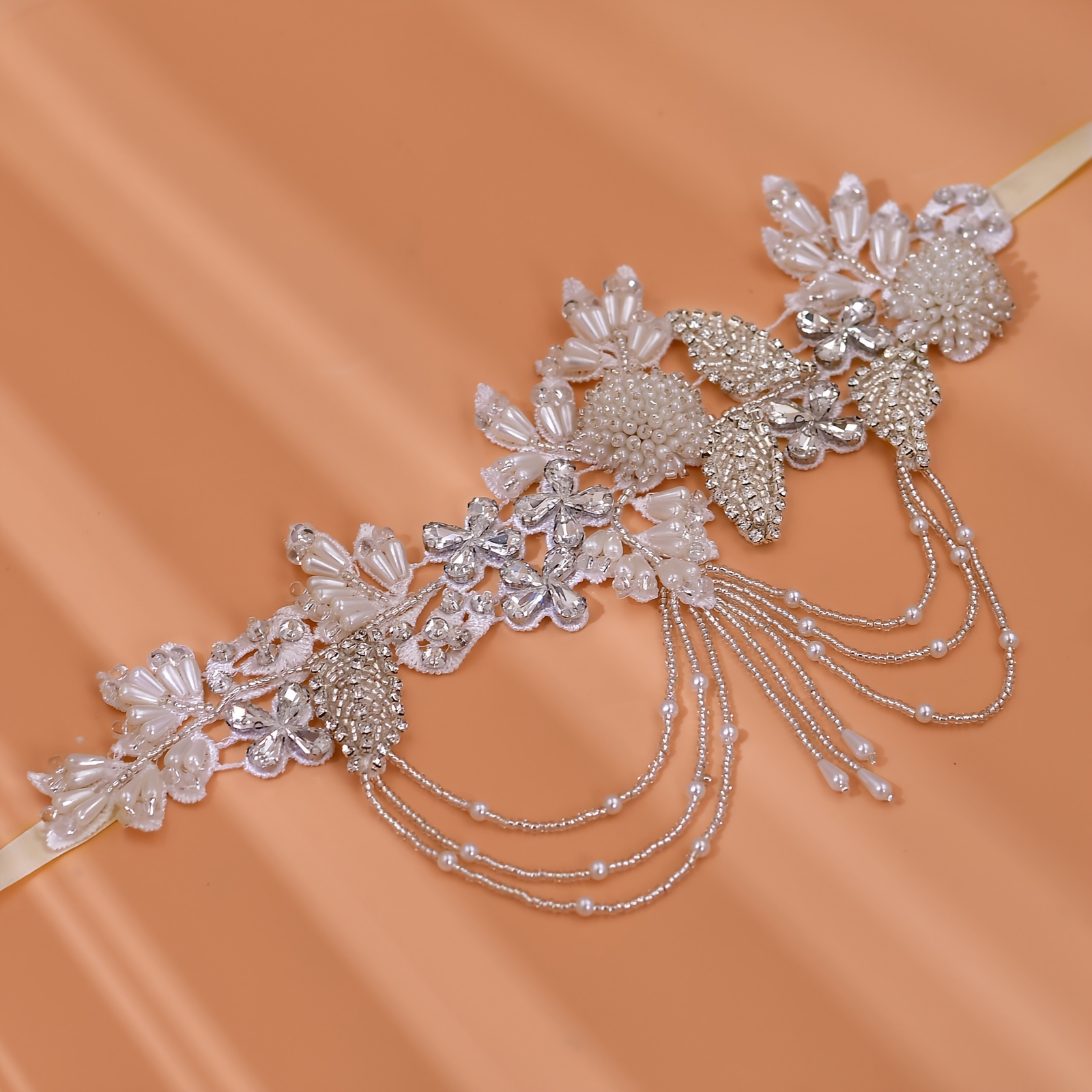 1шт элегантный пояс из атласной ленты с изысканными бусинами и кисточками, цепочка на талию, свадебные аксессуары, детали 0