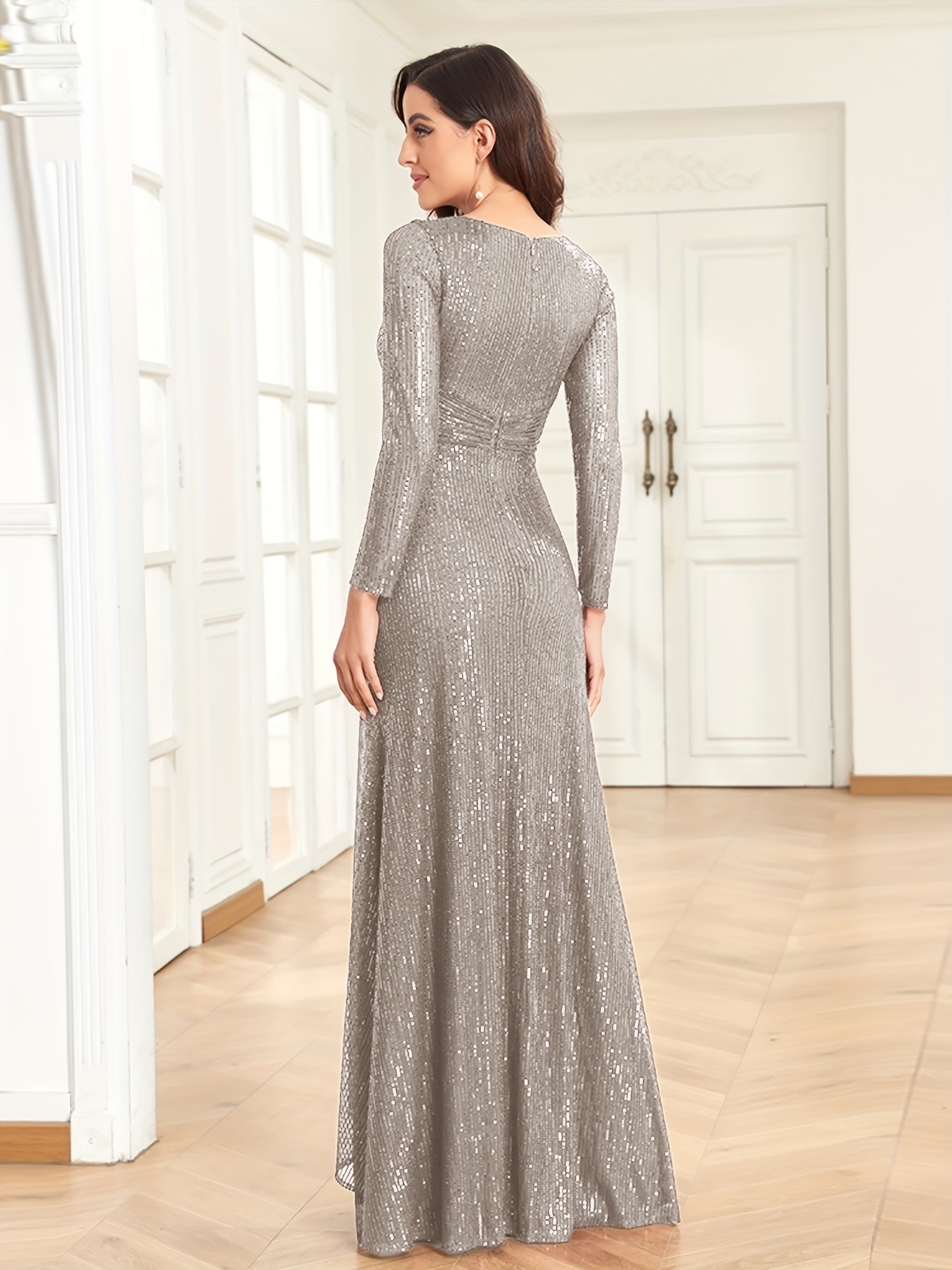 Evening Dress Long Pagoda Sleeve Sequin Formal Dress V-Neck Party Prom Dress  High-Waist Elegant Robe (Color : As Shown, Size : 4) (As Shown 4) :  : Clothing, Shoes & Accessories