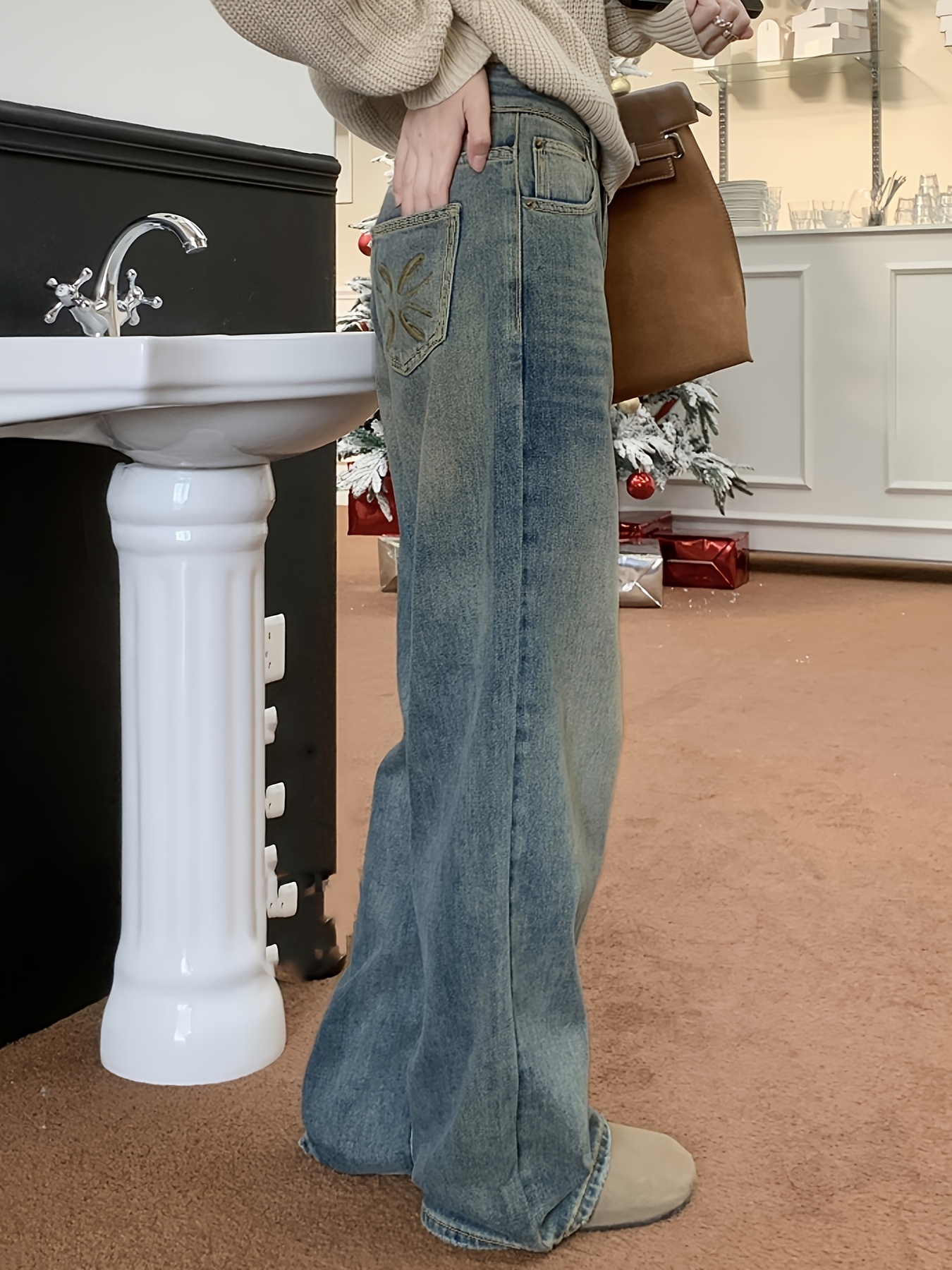 Washed Wide Leg Baggy Jeans Solid Color Loose Fit Street - Temu