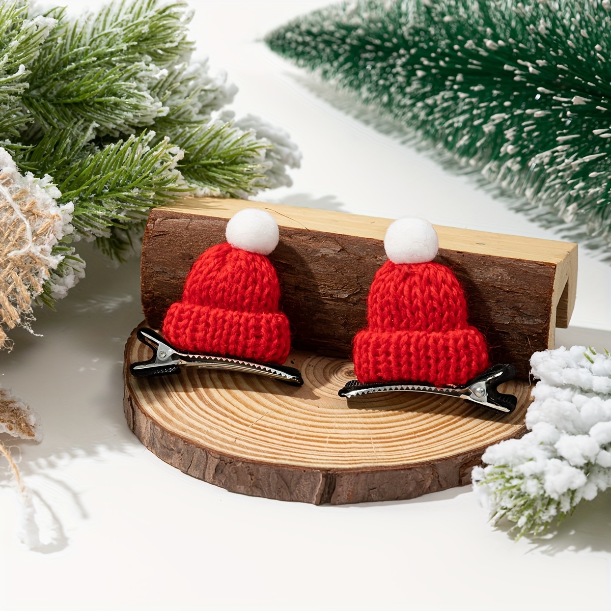 

Christmas Hair Clips 2pcs Set, Plush Knitted Santa Hat Design With , Cute Oval Shape, Cartoon , Color Hair Accessories For Party , Suitable For 14 And Up