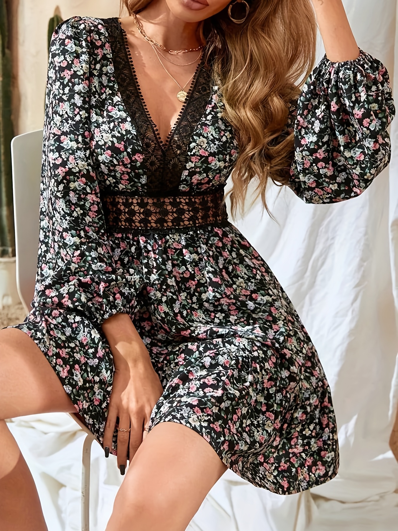 Ditsy Floral Print Dress Sexy Contrast Lace Long Sleeve V - Temu