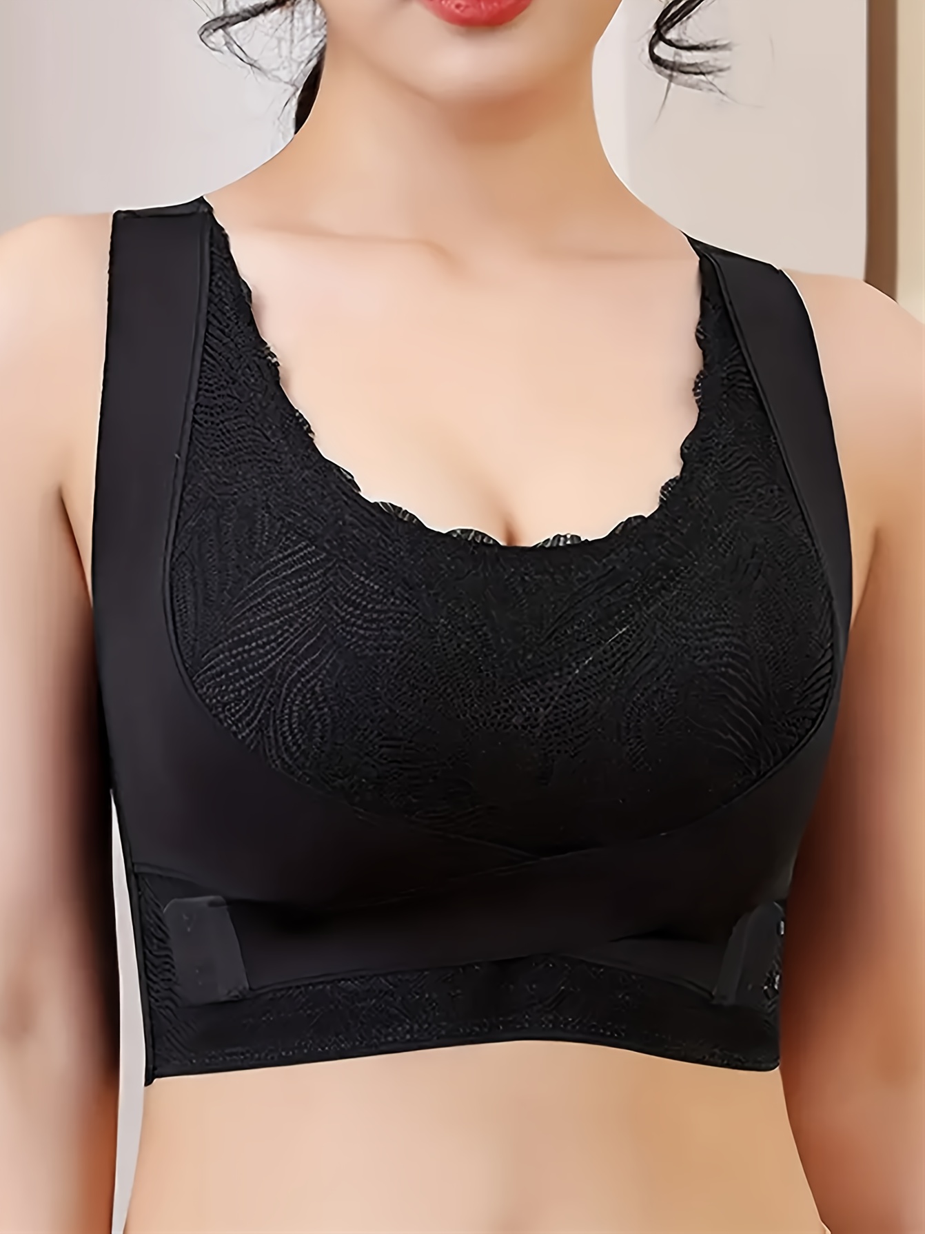 Contrast Lace Wireless Sports Bra Comfy Criss Cross Side - Temu