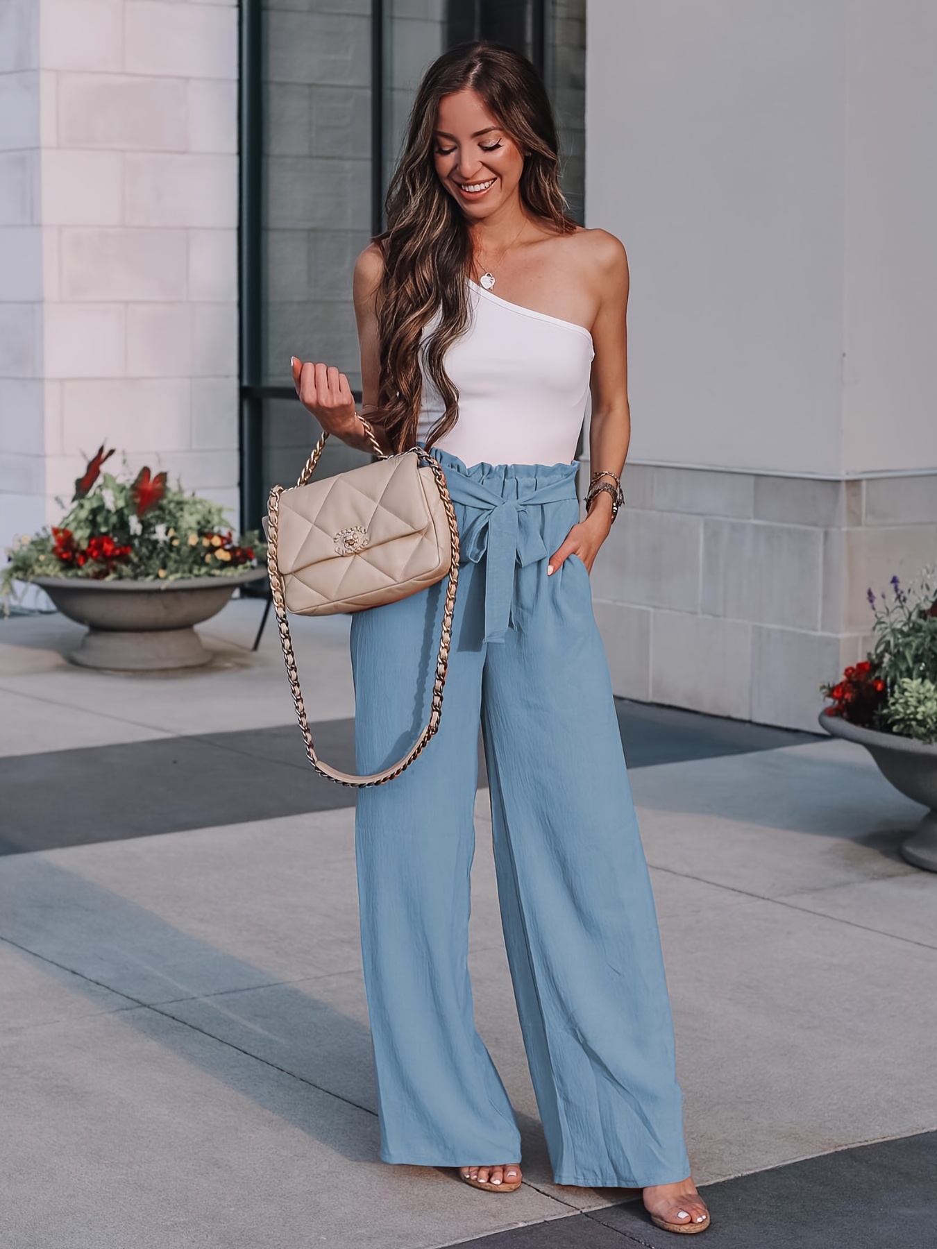 GRAPENT Jeans Womens Pants Dressy Casual Palazzo Pants Summer Pants Flare  Pants for Women Hippie Clothes Business Casual Pants for Women Summer  Outfits Color Air Blue Size S Small Size 4 Size