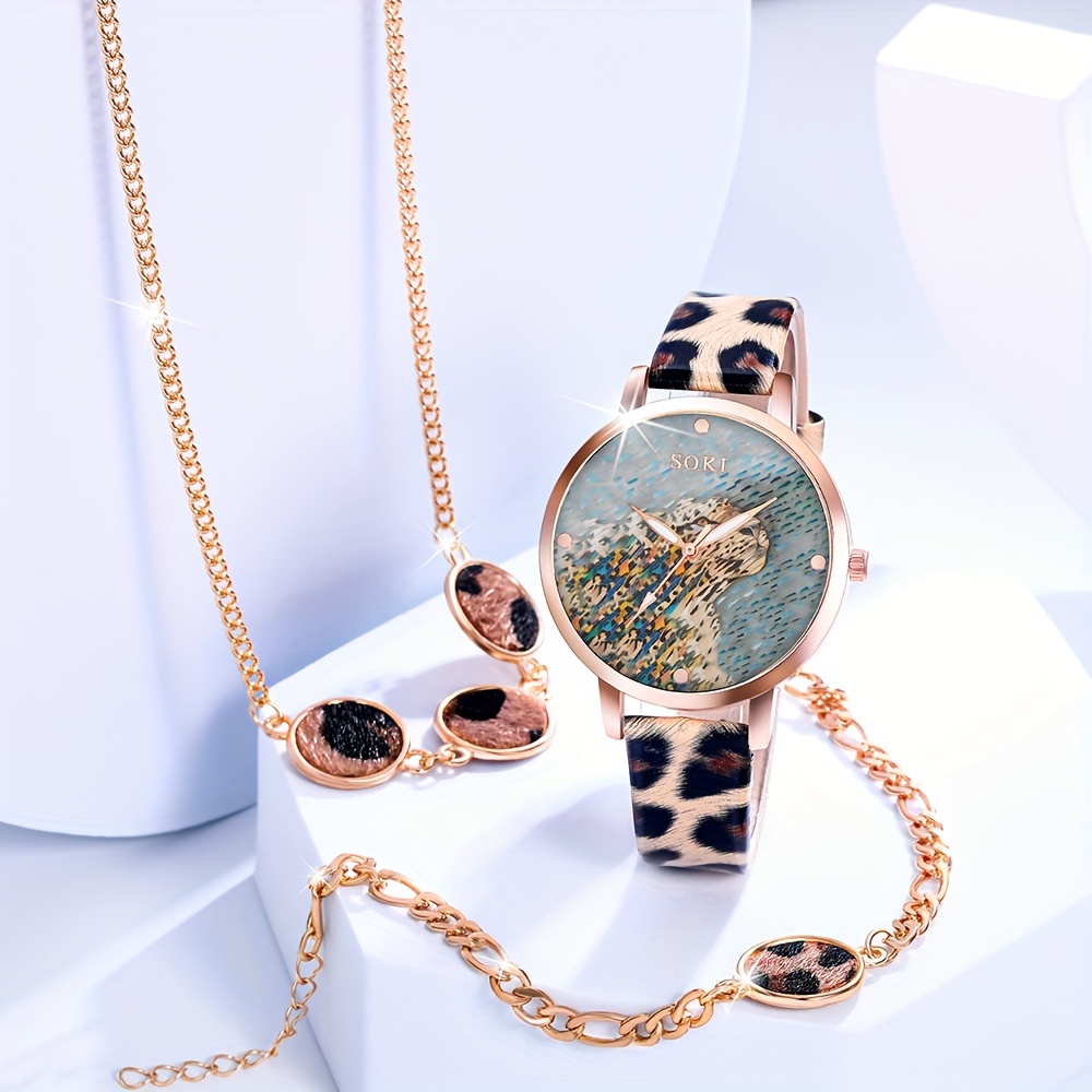 3 ピース/セットレディース腕時計チーターヒョウクォーツ時計ラインストーンヒップホップファッション腕時計 ブレスレット - Temu Japan