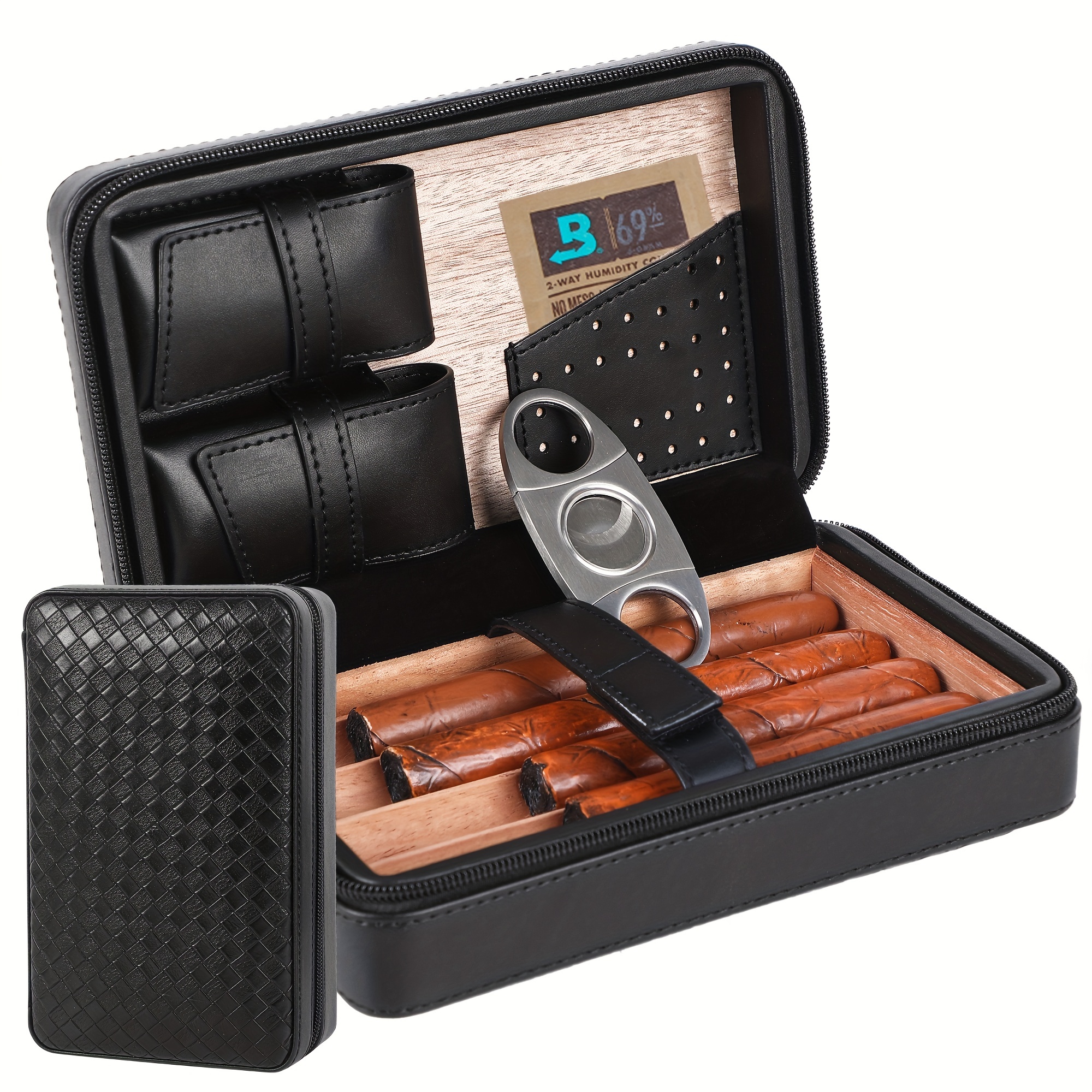 Cigar Case - Travel humidor with Cigar Accessories, Cigar Cutter & Spanish  Cedar & Cigar Holder-Holds up to 5 Cigars -Crushproof, Airtight Seal-Cigars