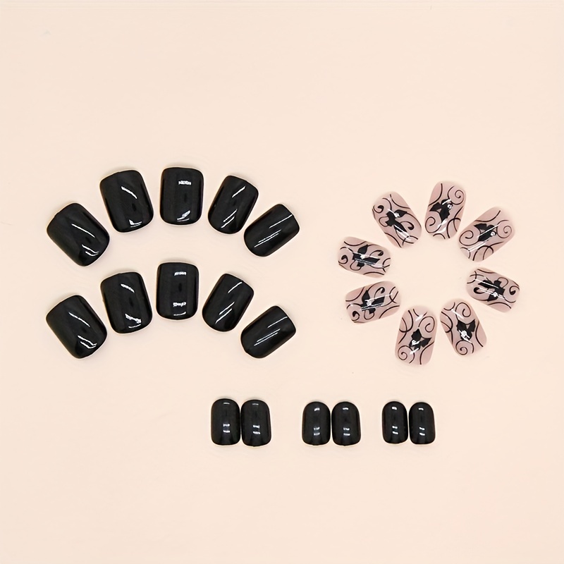 Glossy Short Square Fake Nails Black White Press On Nails - Temu United ...