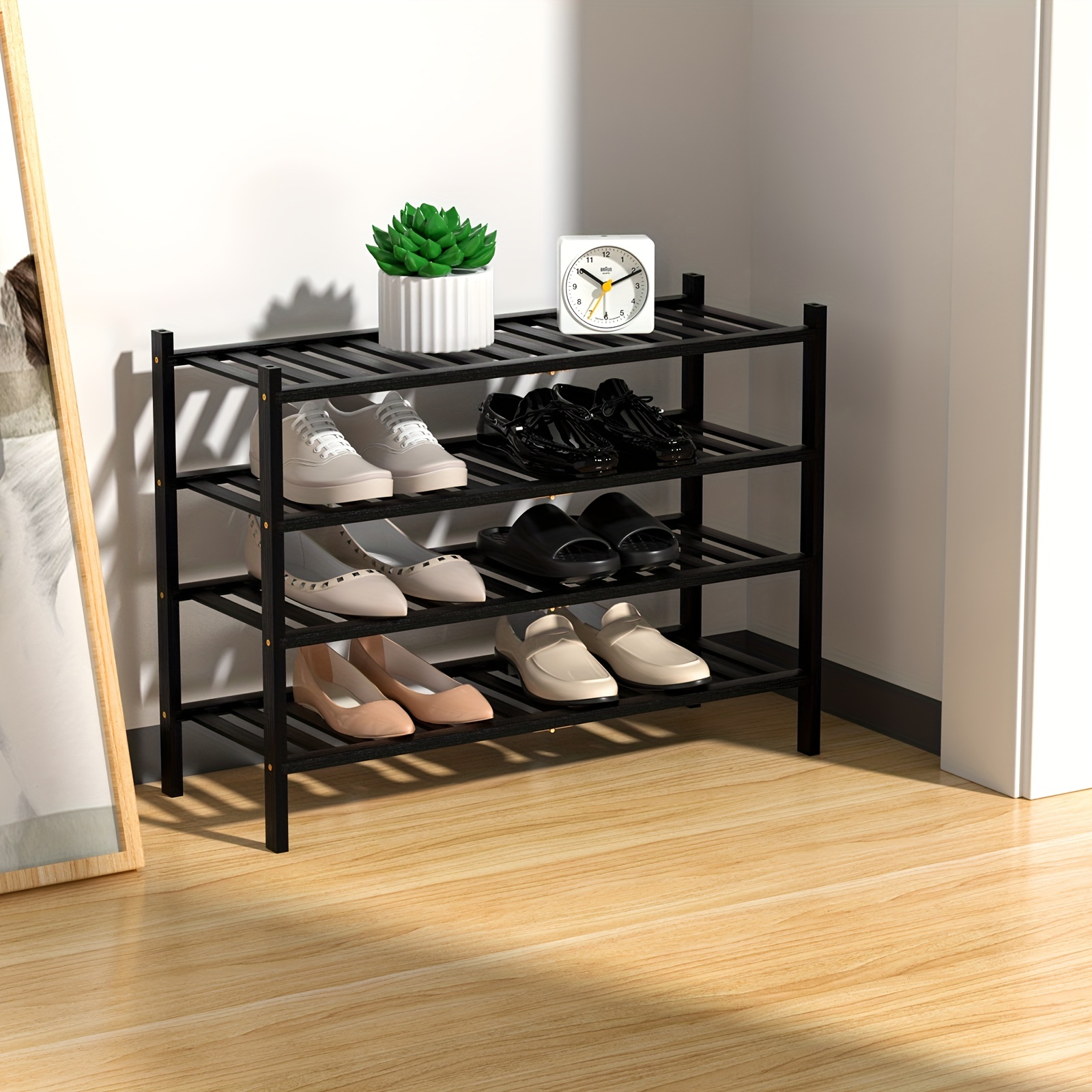 2-Tier Black Bamboo Shoe Rack for Entryway, Stackable | Foldable | Natural,  Shoe Shelf Storage Organizer for Hallway Closet, Free Standing Shoe Racks