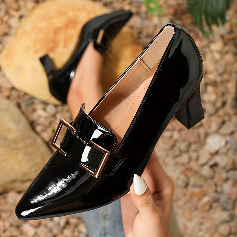 Women's Metallic Buckle Decor Pumps, Pointed Toe Patent Leather