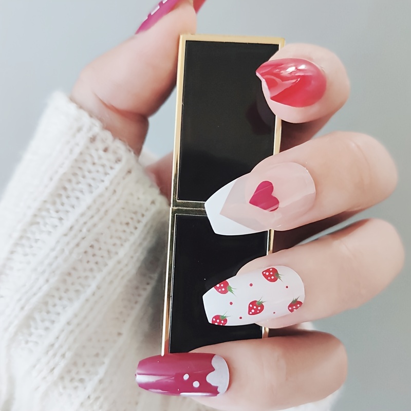 Coffin False Nails French Pink Heart Long Press on Nails for Nail