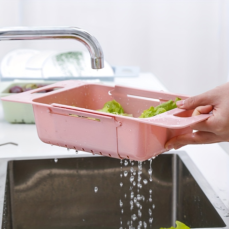 1pc Pink Retractable Universal Sink Shelf For Dish Drying Rack