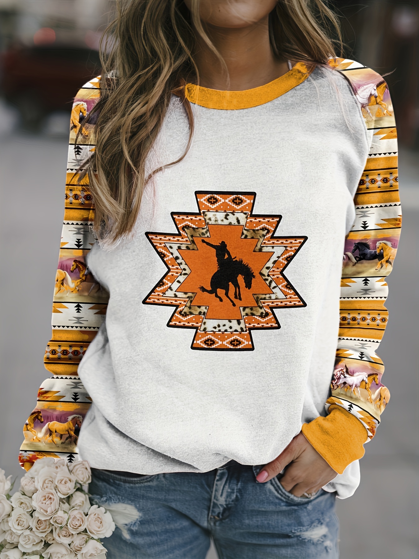 Western Aztec Print Crew Neck Pullover Sweatshirt Casual - Temu