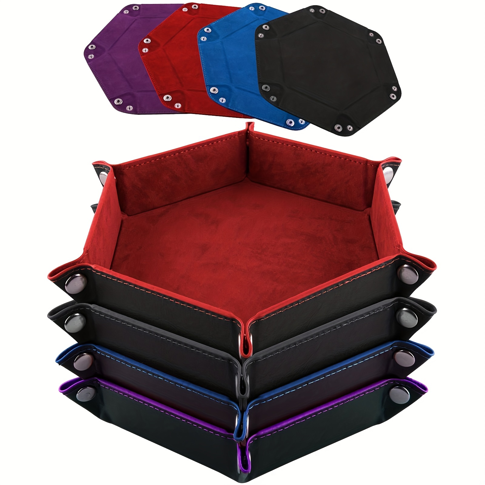 

4pcs Dice Tray Set Foldable Dice Tray Hexagon Dice Rolling Tray Pu Leather Dice Holder For Dice Games Like Rpg, Dnd And Other Desktop Games (red, Black, Blue And Purple)