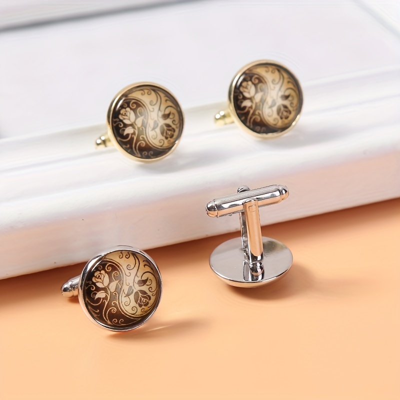 Round Engraved Rose Pattern Cufflinks for Women and Men