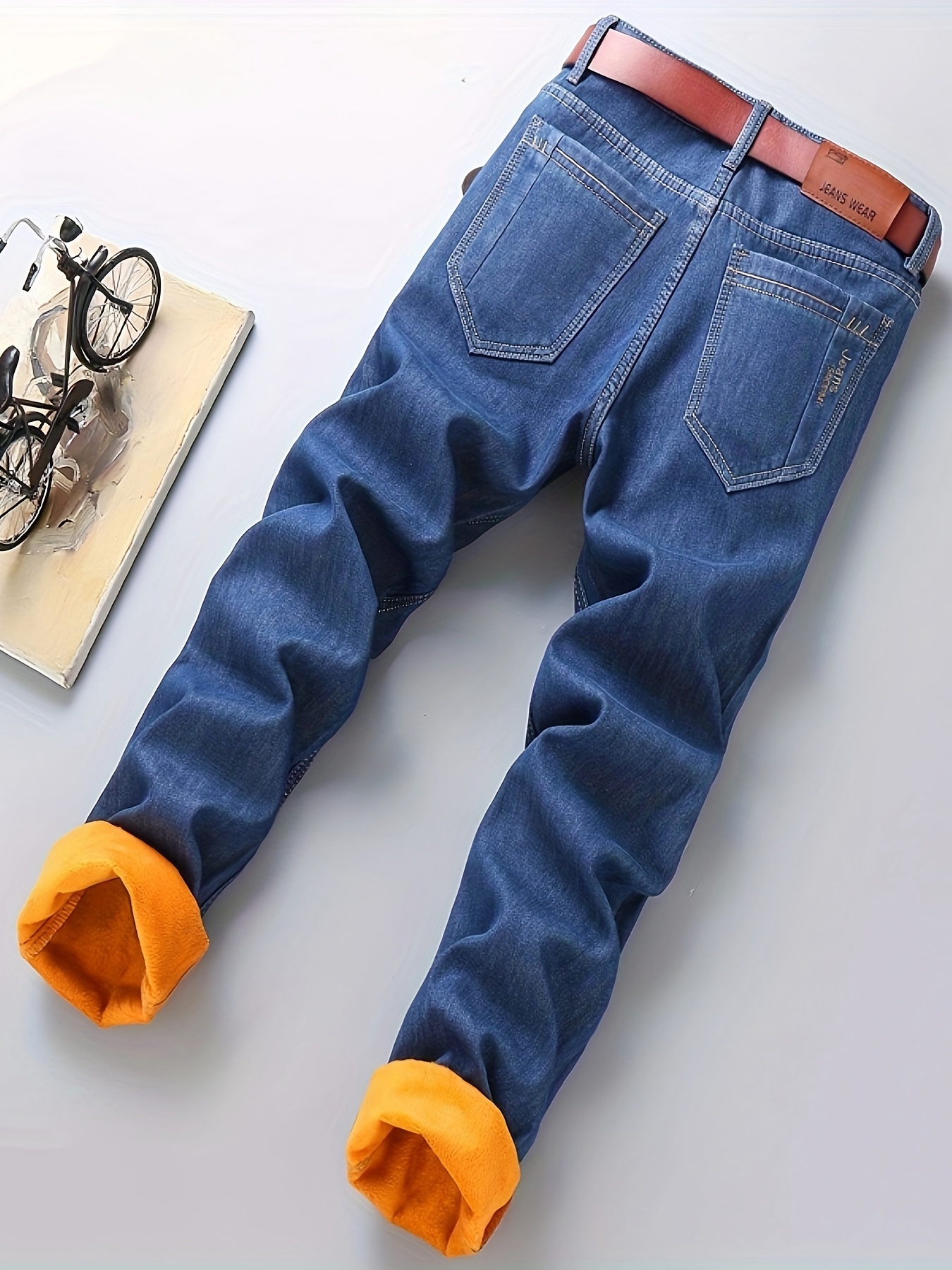 Men's Casual Fleece Lined Jeans Classic Design Stretch - Temu Canada