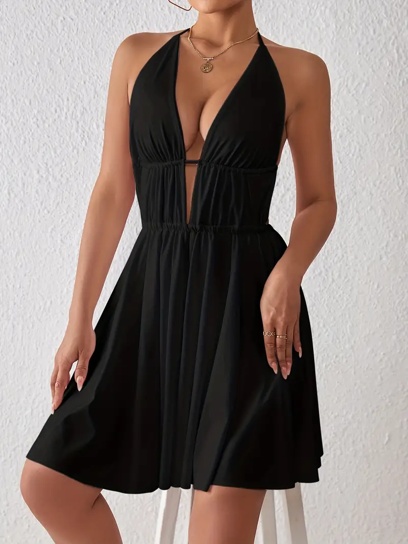 Solid Halter Neck Dress Sexy Backless Ruched Tie Back Dress - Temu