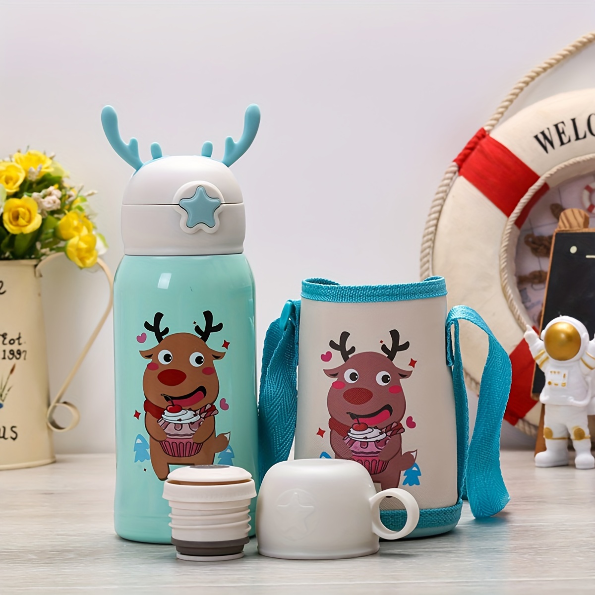 500ml Kids Thermos Mug With Straw Stainless Steel Cartoon Vacuum Flask With  Bag Children Cute Thermal