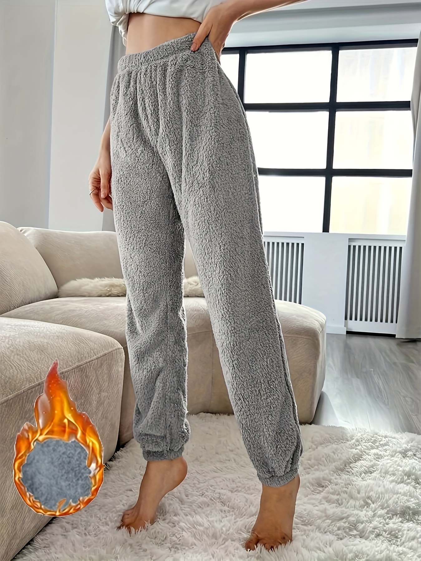 Women Fleece Lined Sweatpants Plain Wide Straight Leg Pants Bottom