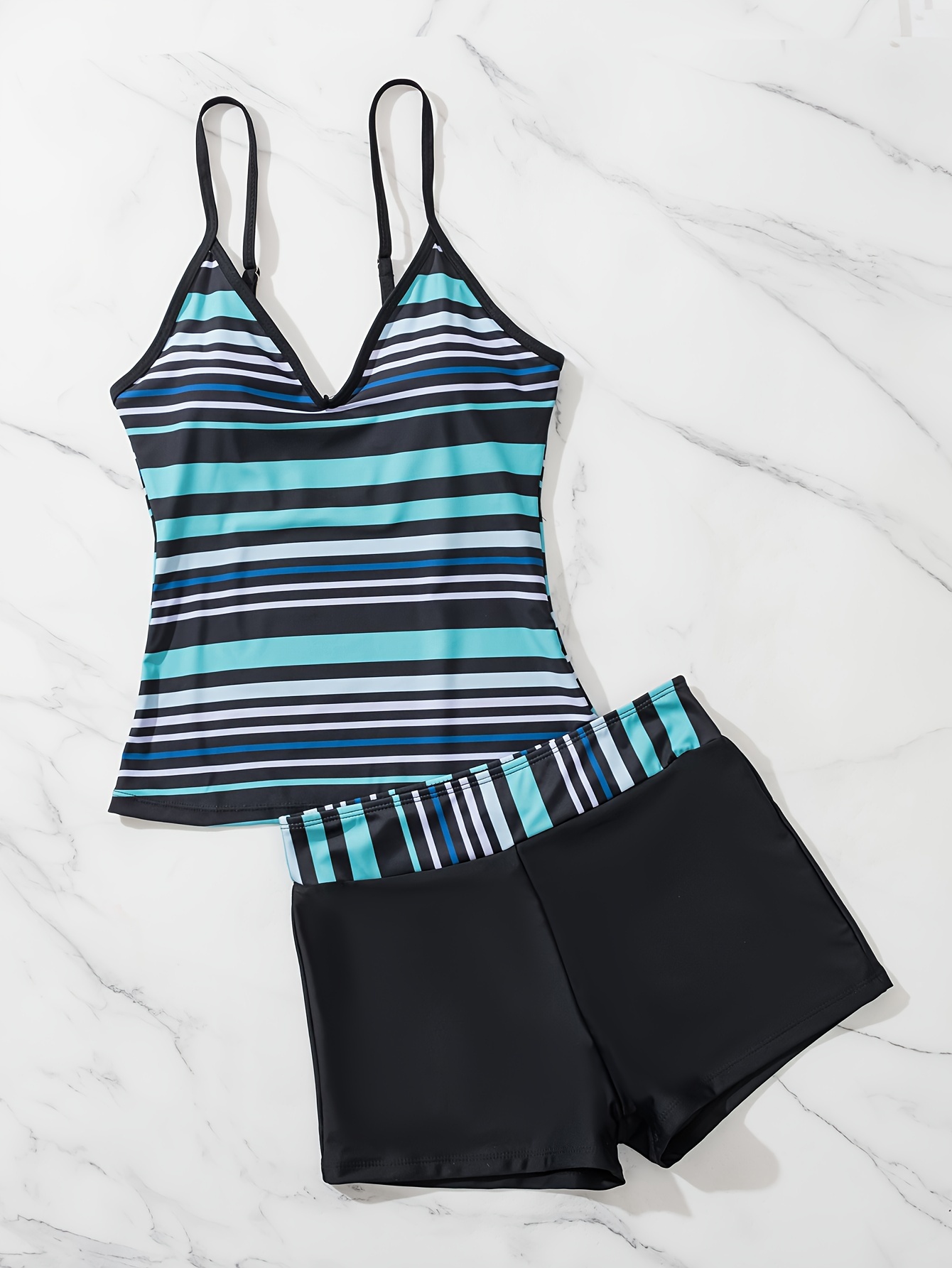 Colorblock Striped Print Tankini Sets Round Neck Spaghetti - Temu