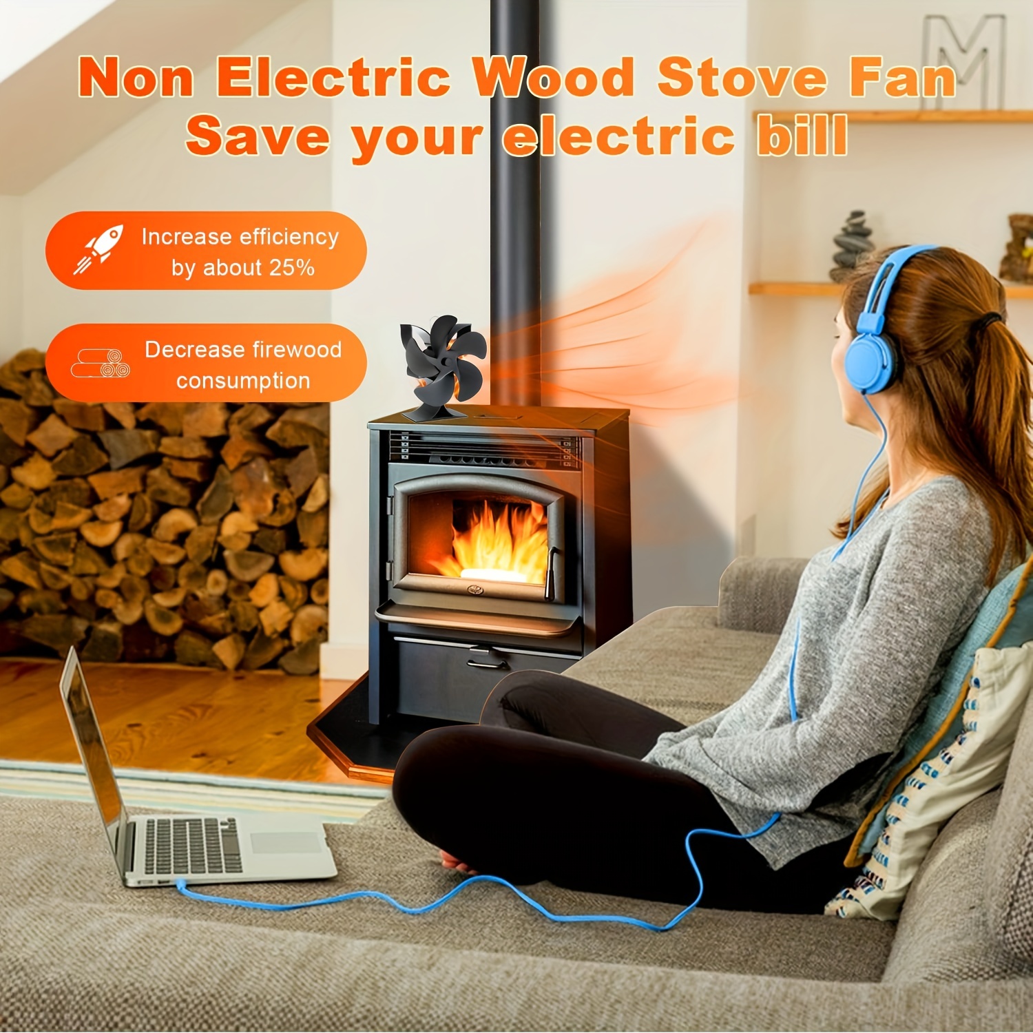 Wood Stove Fan, Fireplace Fan, Heat Powered Stove, Non Electric for Log  Burner/Burning/Wood Burner Stove, Quiet Motor, Circulating Warm Air Saving  Fan 