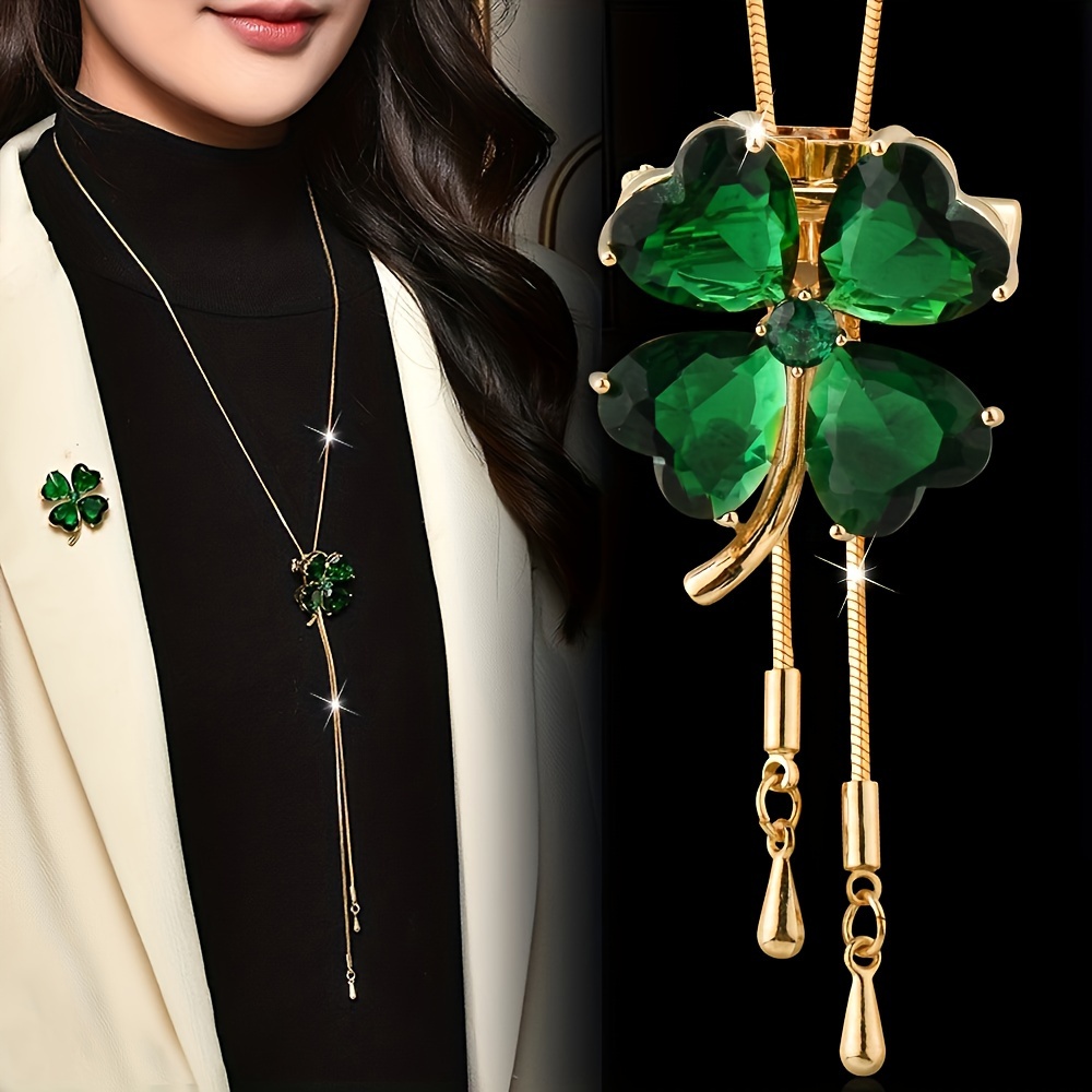 

Green Four-leaf Clover Dual-purpose Sweater Chain Necklace Brooch Jewelry Gift For Women