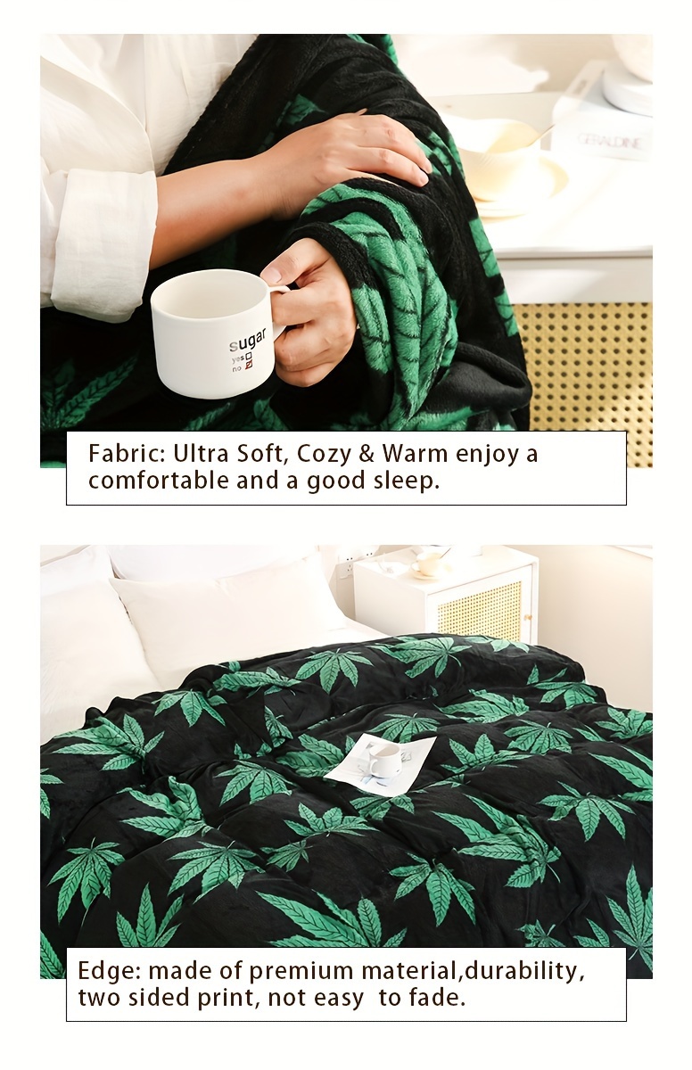 1pc   style marijuana leaf print flannel blanket soft warm knitted throw for couch sofa office bed camping travel machine washable     polyester 180 200gsm details 1