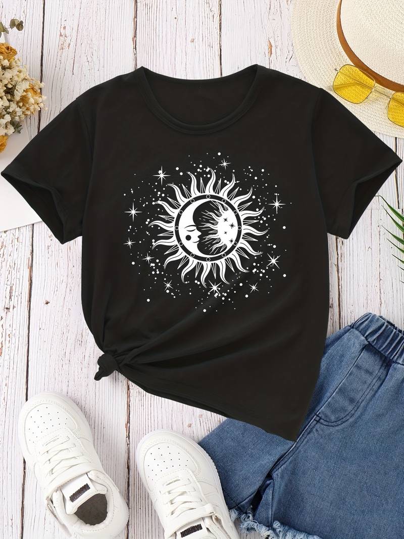 Girls Sun And Moon Graphic T Shirt Casual Round Neck Tees Top Teen Kids ...