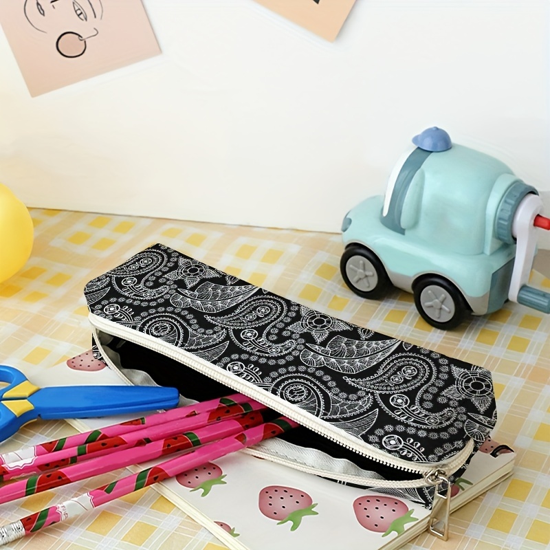 1pc Black Flower Print Pencil Case, Lovely Large Capacity Portable  Stationery Storage Pouch Handbag For Students