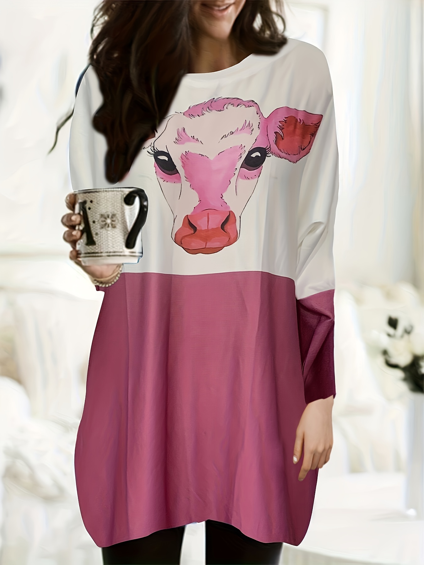 Plus Size Cow Print Long Sleeve Round Neck Nightdress - Temu