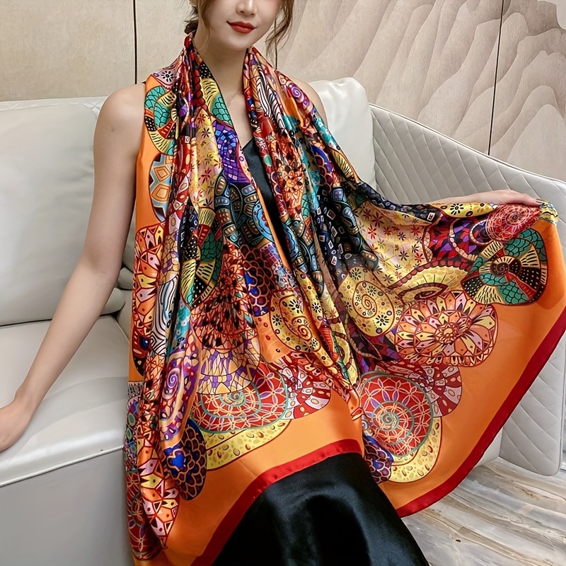 

Boho Geometric Print Scarf Thin Breathable Imitation Silk Shawl Vintage Color Block Windproof Wraps Sunscreen Scarves For Women