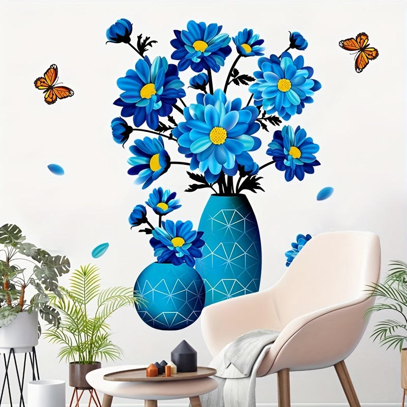 1 Feuille Vase Fleurs Bleues Stickers Muraux Chambre Étude - Temu