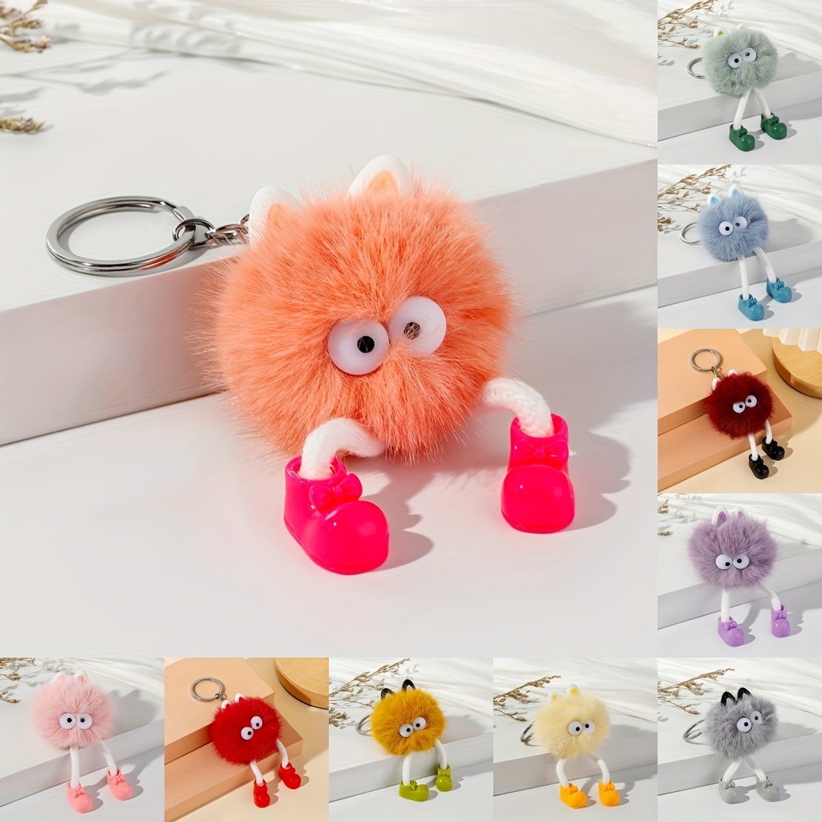 Cute Monster With Legs Cat Ears Pom Pom Plush Bag Pendant Keychain
