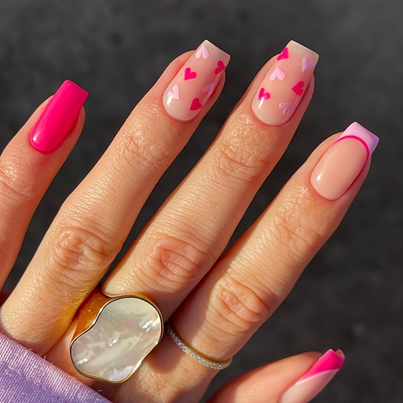French Tip Coffin Press Nails Long Valentine's Day Heart - Temu