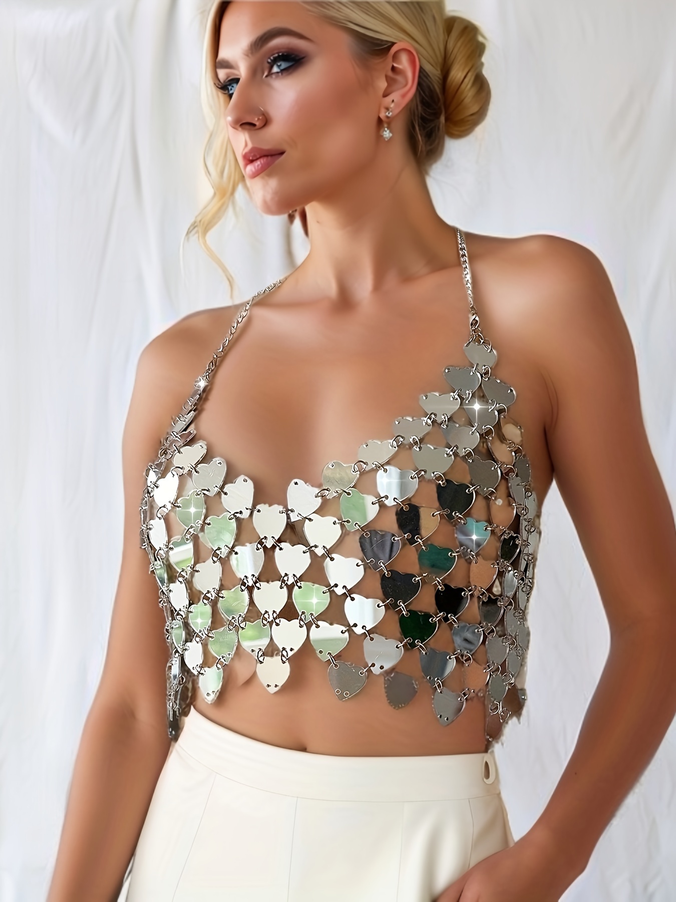 Heart Pattern Mirror Sequin Chainmail Halter Top, Versatile Backless Chain  Strap Halter Neck Top, Women's Clothing
