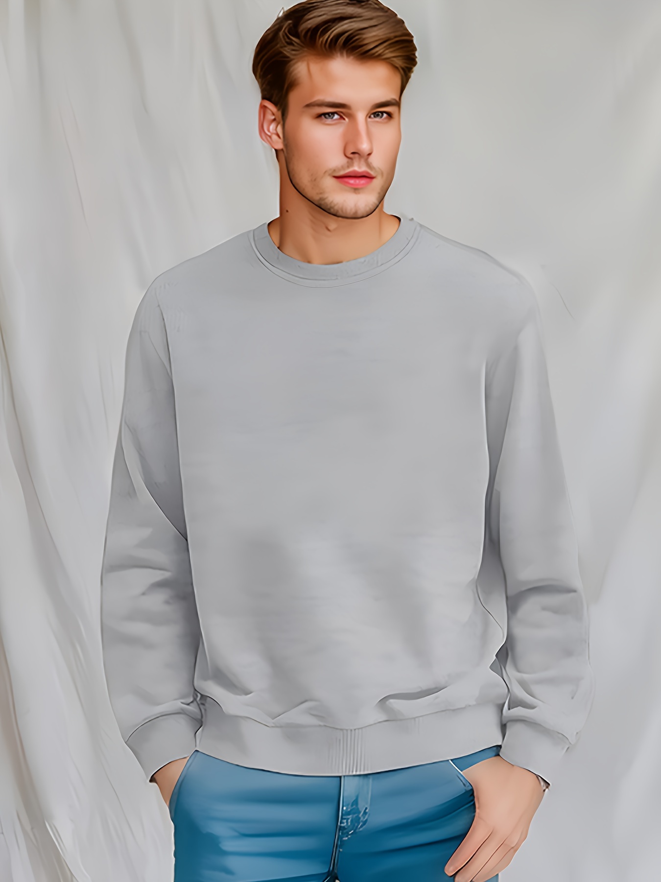  Mens Round Neck Pullover Long Sleeve Solid Blouse