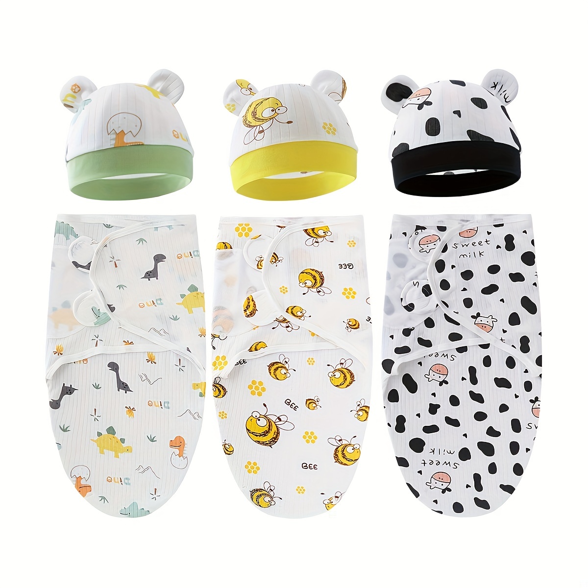 Newborn Swaddle and Hat Set, 100% Cotton Knitted Baby Blankets