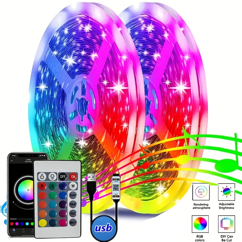 Led-lichter Mit Fernbedienung, Led-streifenlichter Rgb-musik-sync-farbwechsel,  Rgb-led-lichtstreifen-seillichter, Led-lichter Für  Schlafzimmerzimmerbeleuchtung Flexible Wohnkultur - Elektronik - Temu