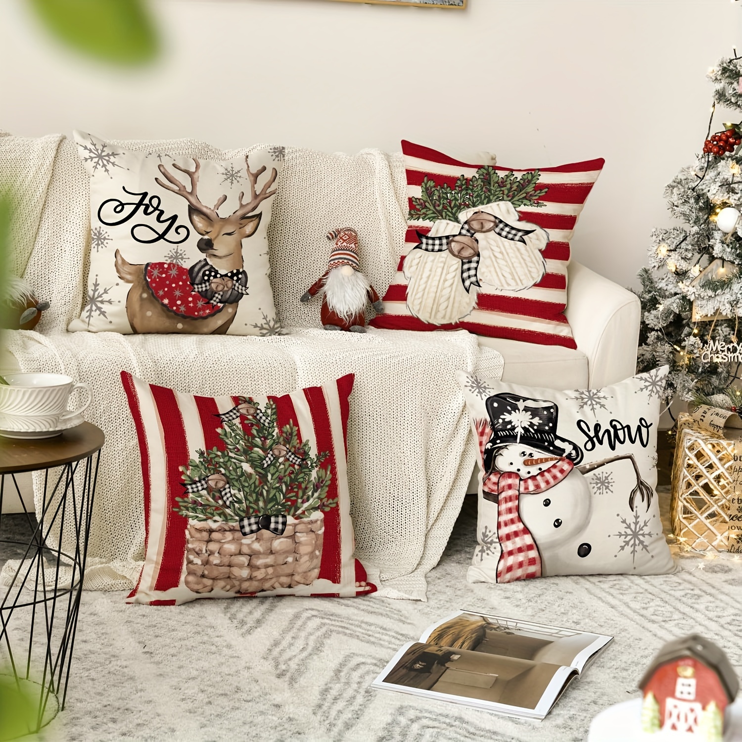 Christmas Snowman Reindeer Gloves Eucalyptus Red Throw Pillow Covers,  Winter Holiday Stripes Cushion Case Decoration For Sofa Couch Set - Temu